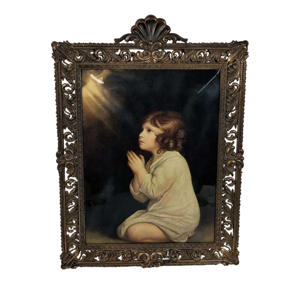 Vintage Ornate Metal Frame Praying Child Portrait Convex Bubble Glass 22x16